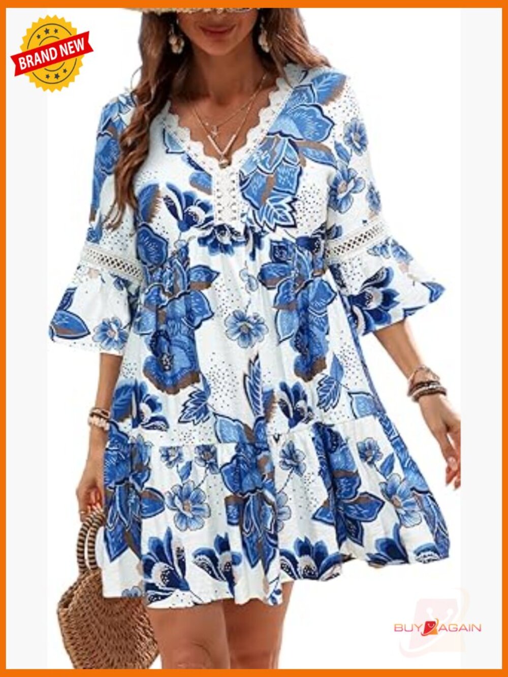 V Neck Lace Trim Mini Summer Dress with 3/4 Sleeves Ruffled Cuff Beach Cover Up